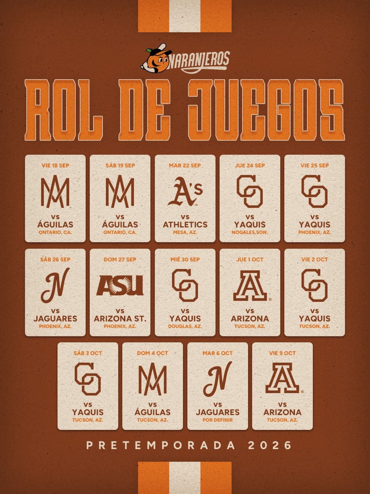 Rol de Juegos de pretemporada para Naranjeros de Hermosillo. (Foto: Cortesía Naranjeros)