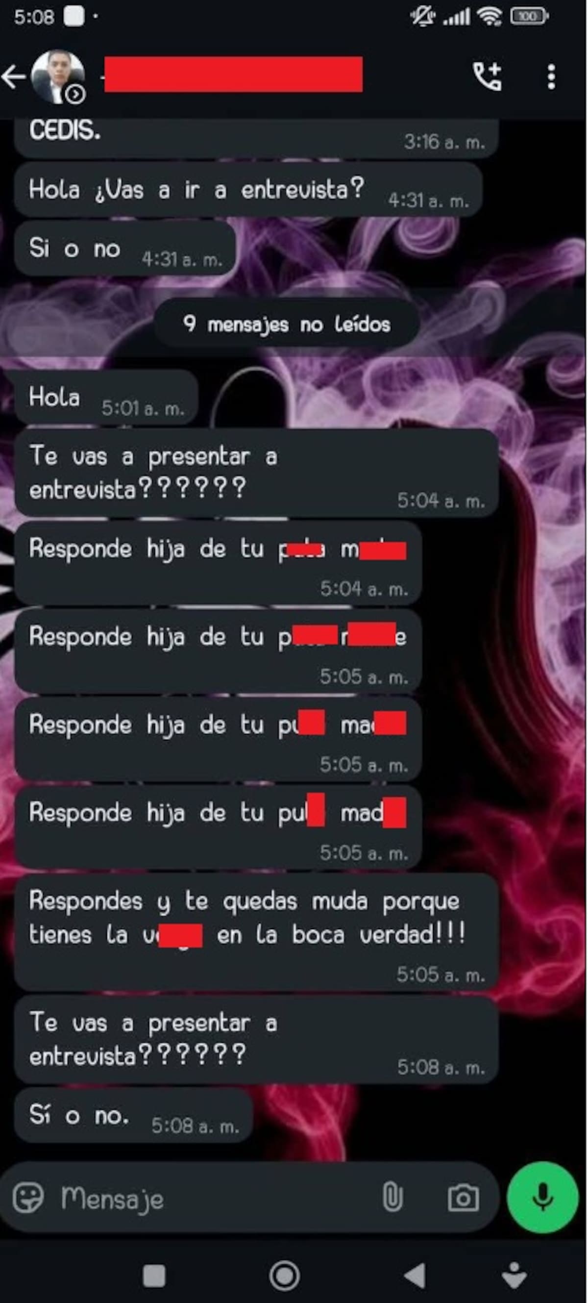 Captura de pantalla de la persona que denunció el mal trato de este "reclutador".