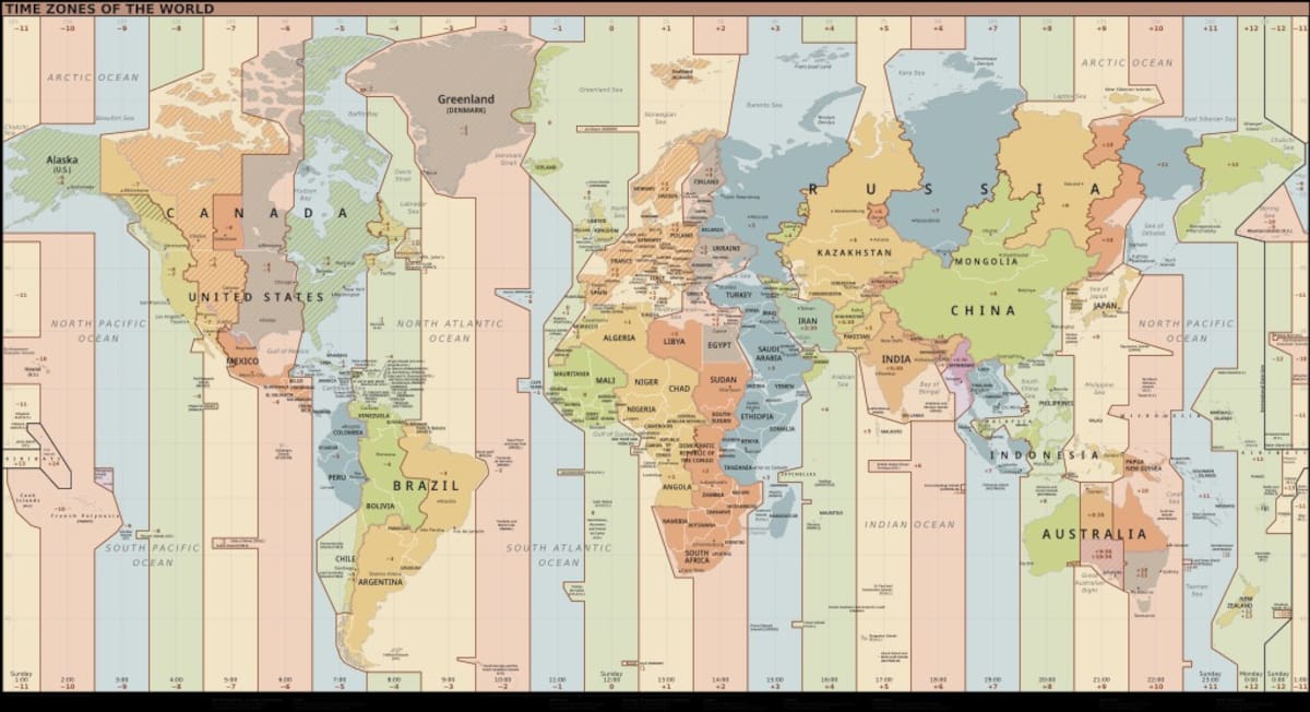 Mapa del mundo con los husos horarios actuales. | Crédito: Wikicommons/Heitordp