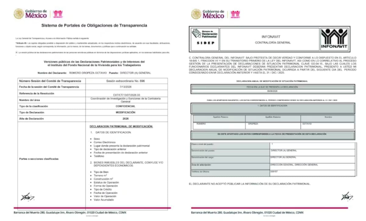 En la resolución EXT/CT/13/07/2026.03, el Comité de Transparencia del Infonavit dio trámite a la solicitud de Romero para mantener bajo confidencialidad su información.