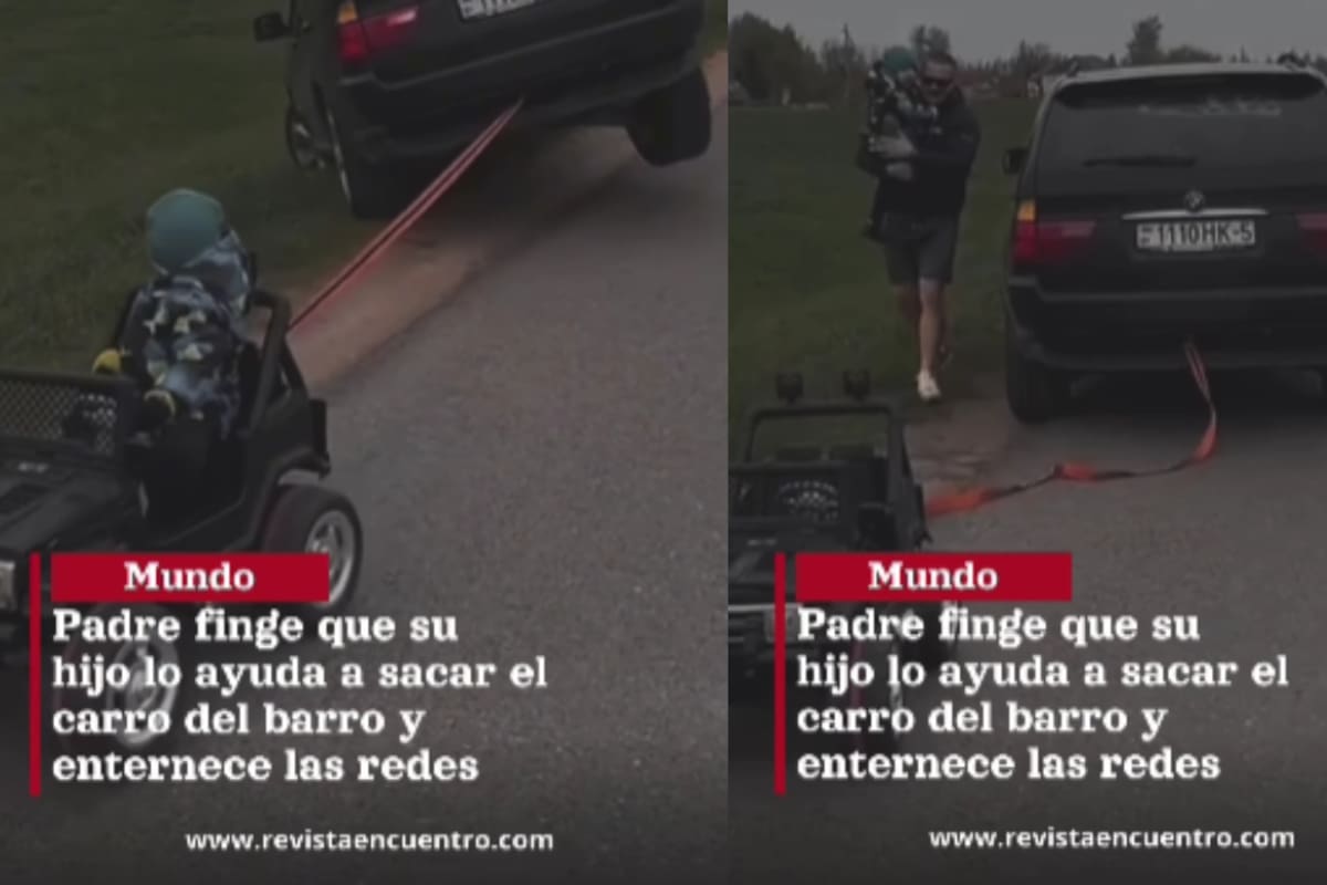 “Todo por su hijo”: padre finge que su pequeño lo ayuda a desatascar el coche con uno de juguete