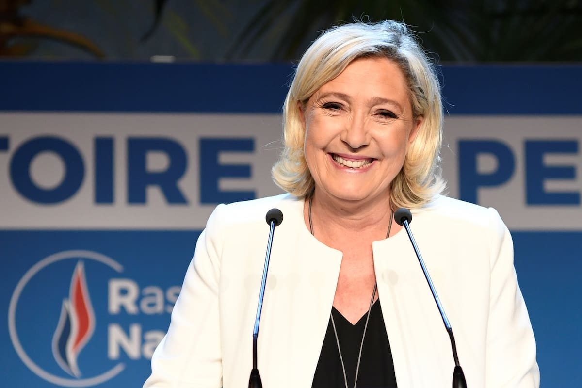 French far-right Rassemblement National (RN) President and member of Parliament Marine Le Pen delivers a speech after the announcement of initial results during an RN election-night event for European parliamentary elections on May 26, 2019, at La Palmeraie venue in Paris. (Photo by Bertrand GUAY / AFP)