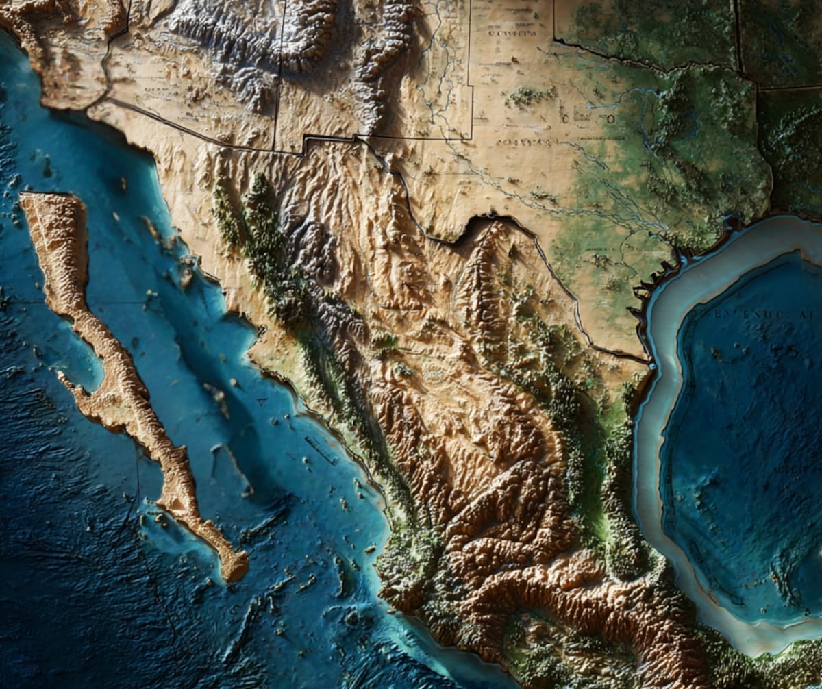 Un ejemplo de cómo se vería el mapa de México con la Península de Baja California separada del resto del país. Foto: Especial (editada con IA)
