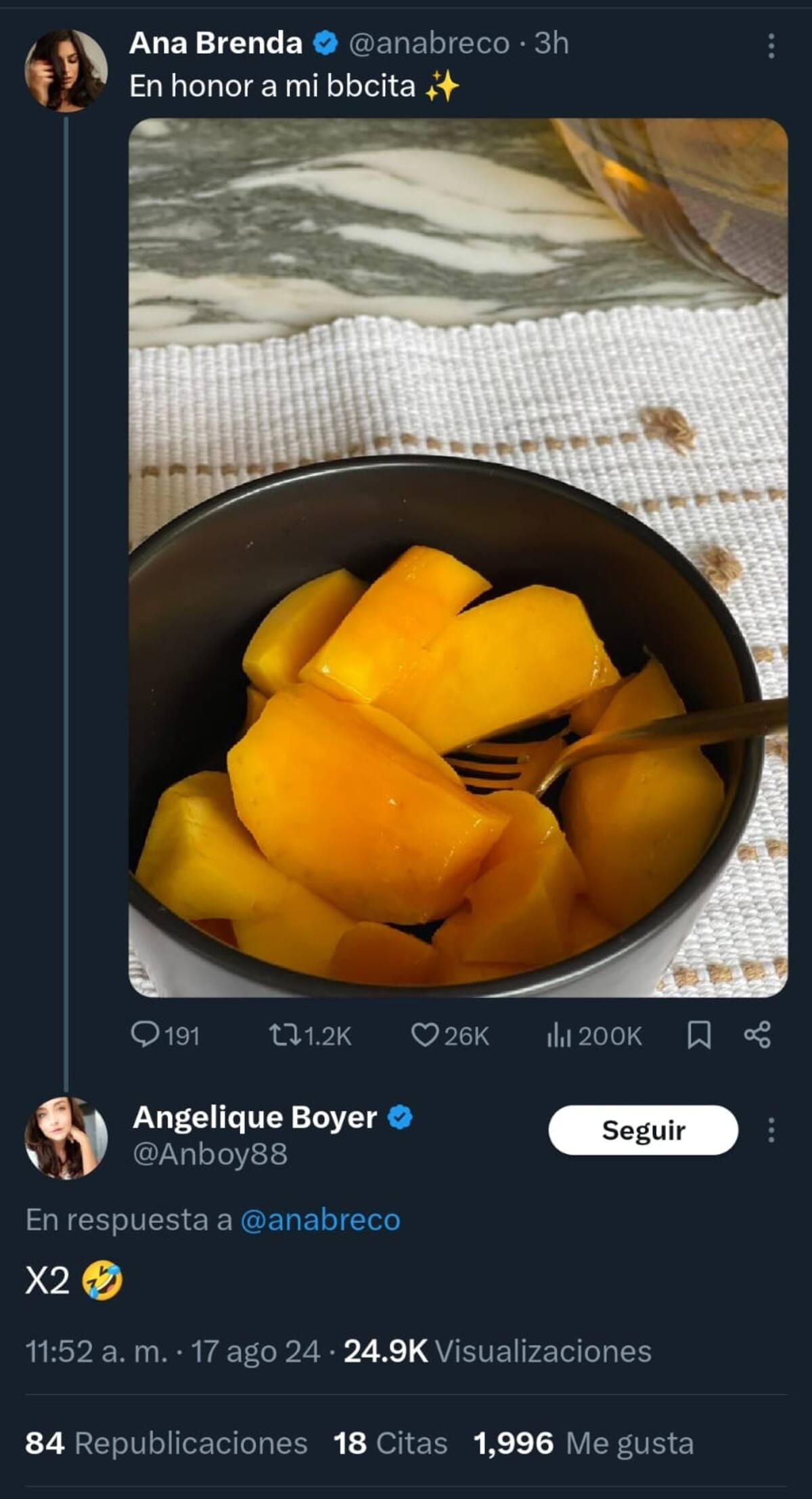 Tweet de Ana Brenda y respuesta de Angelique Boyer.
