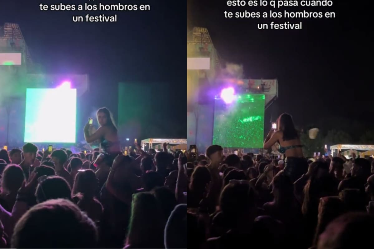 Una joven encima de los hombros de su amigo provoca molestia en concierto y recibe lluvia de vasos