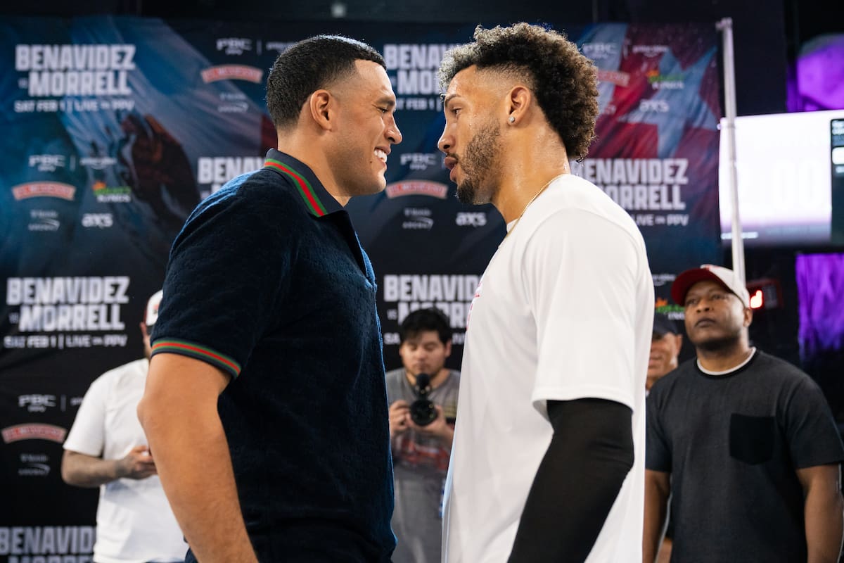David Benavidez y David Morrell Jr. protagonizaron un altercado durante el entrenamiento público de promoción para su pelea. (Foto: Ryan Hafey / Premier Boxing Champions)