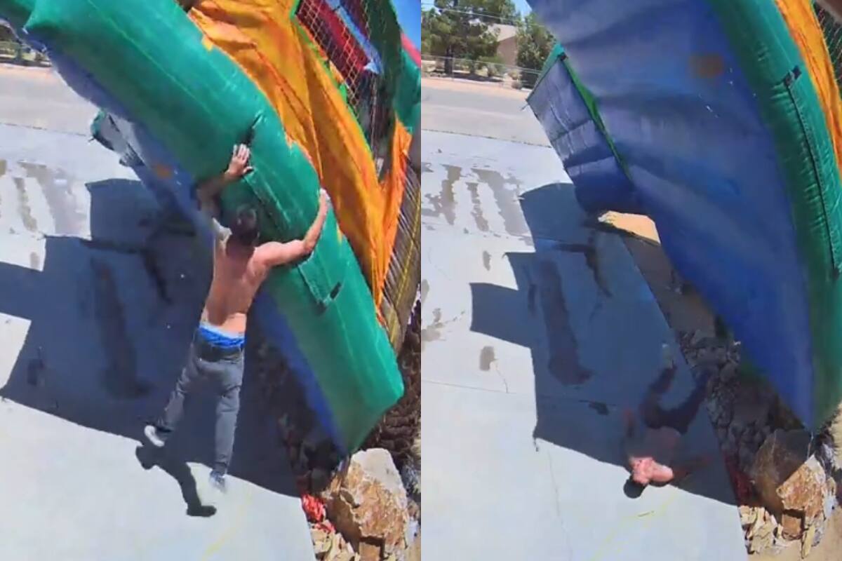 VIDEO: inflable sale volando por fuertes vientos; hombre intenta detenerlo pero termina herido