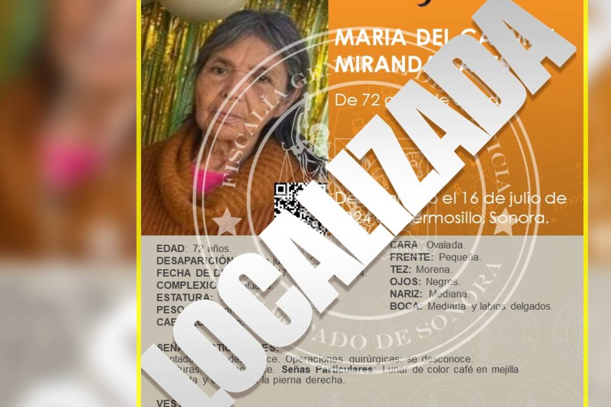 Localizan sin vida a María del Carmen Miranda Lares, de 72 años, quien estaba extraviada desde el martes 16 de julio