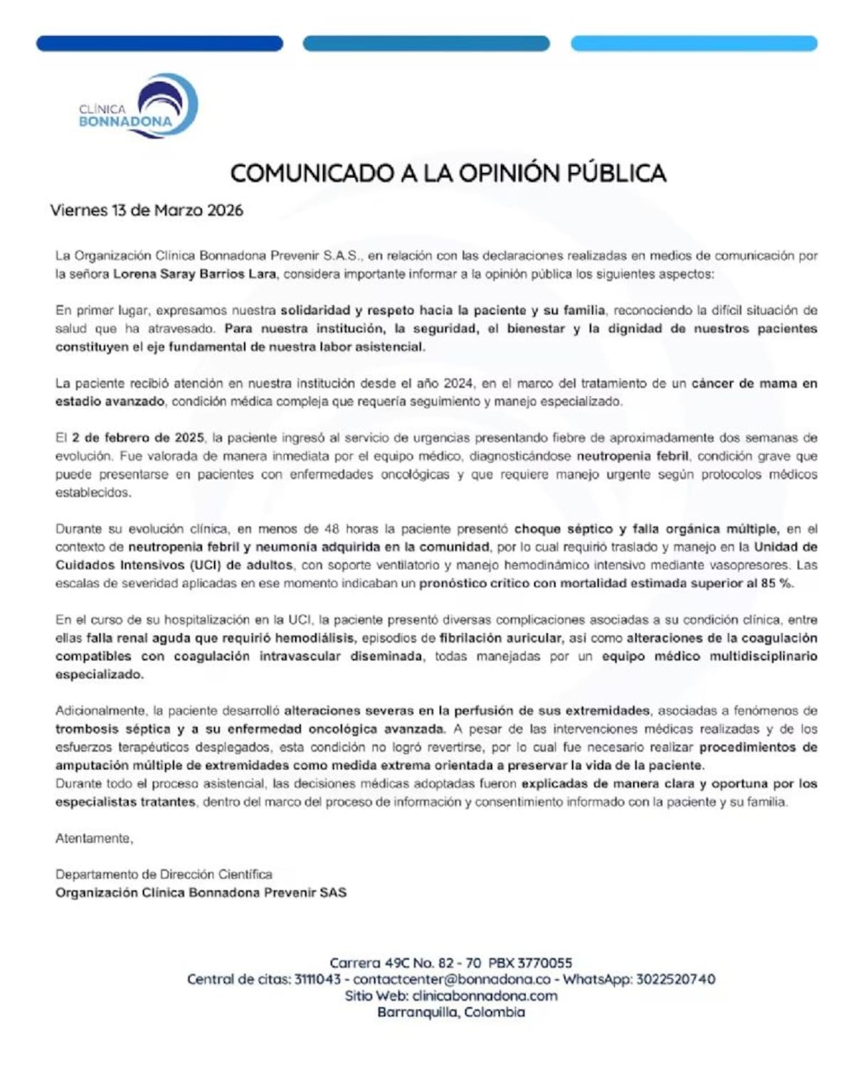 La clínica Bonnadona aseguró que la amputación fue necesaria debido a alteraciones severas en la perfusión de las extremidades provocadas por trombosis séptica. Foto: Heraldo de México