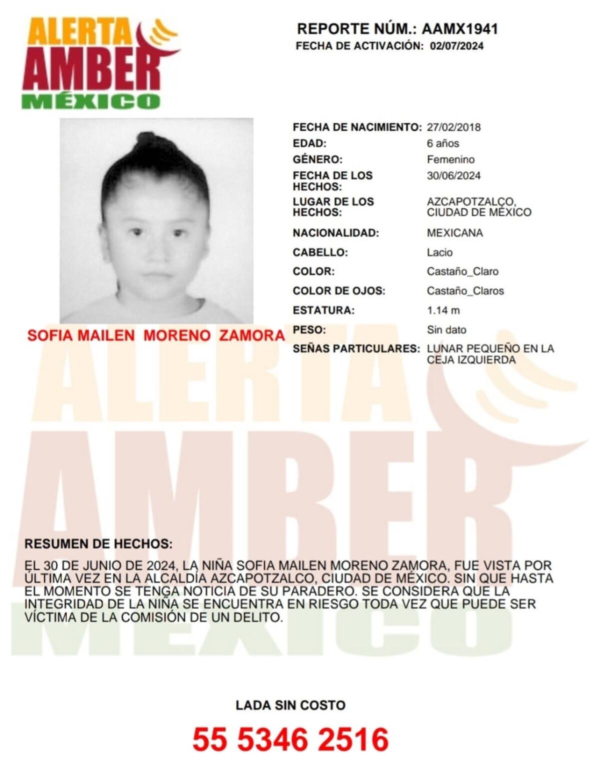 Sofía Mailen Moreno Zamora de 6 años.