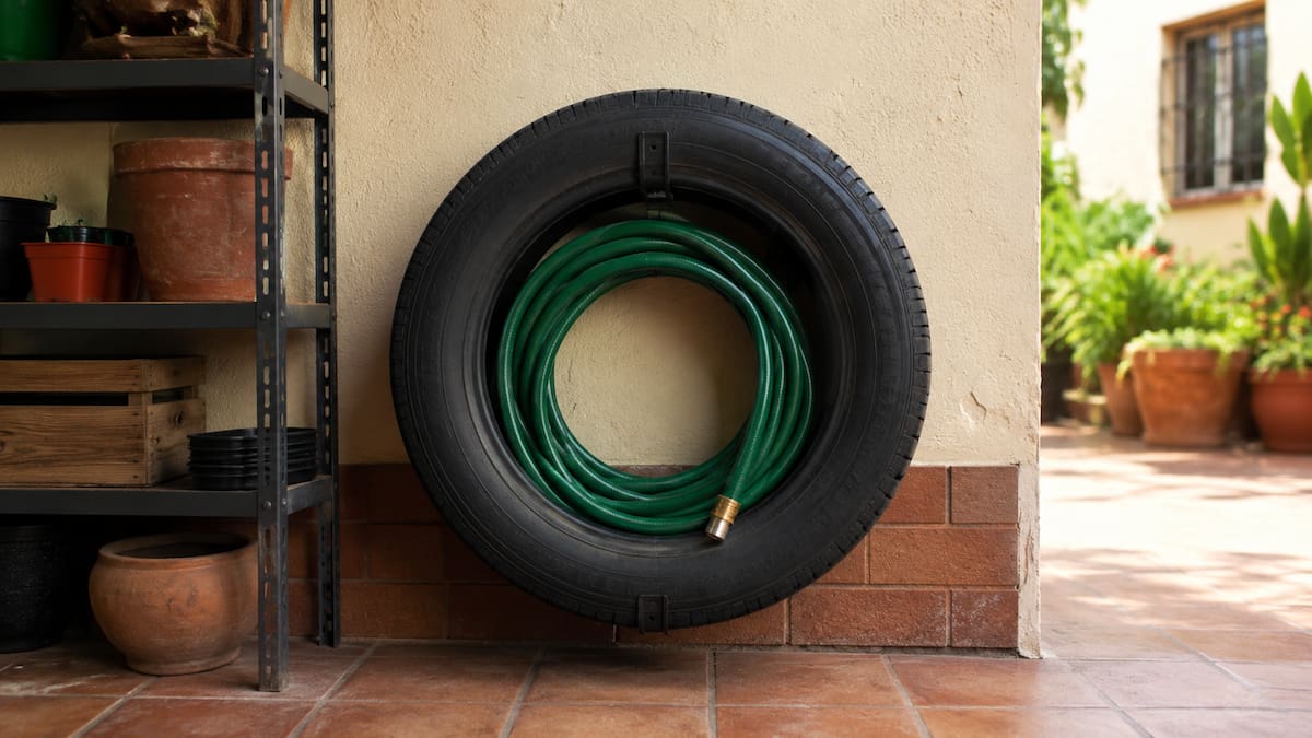 3. Organizador de manguera con llanta
Una llanta limpia y seca puede funcionar como organizador para mangueras de jardín, evitando desorden en patios o cocheras.