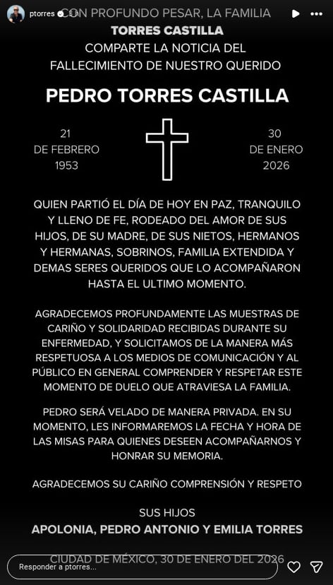 Muere Pedro Torres, reconocido productor de Televisa | captura de pantalla (@ptorres)