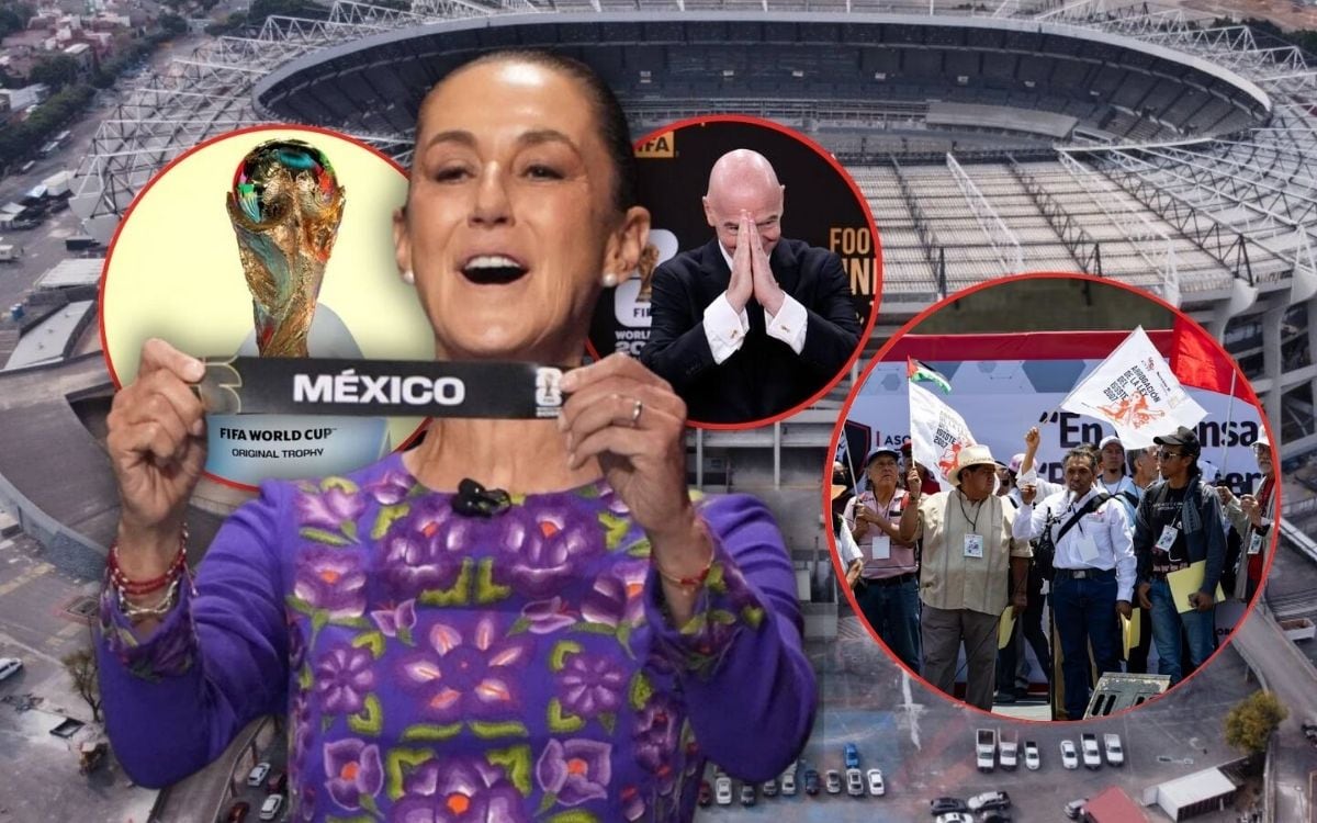 A un mes del Mundial 2026, CNTE y colectivos advierten protestas en CDMX que podrían afectar movilidad, turismo, reservas hoteleras y operaciones alrededor del Estadio Azteca. | Crédito: Presidencia/AP/El Universal
