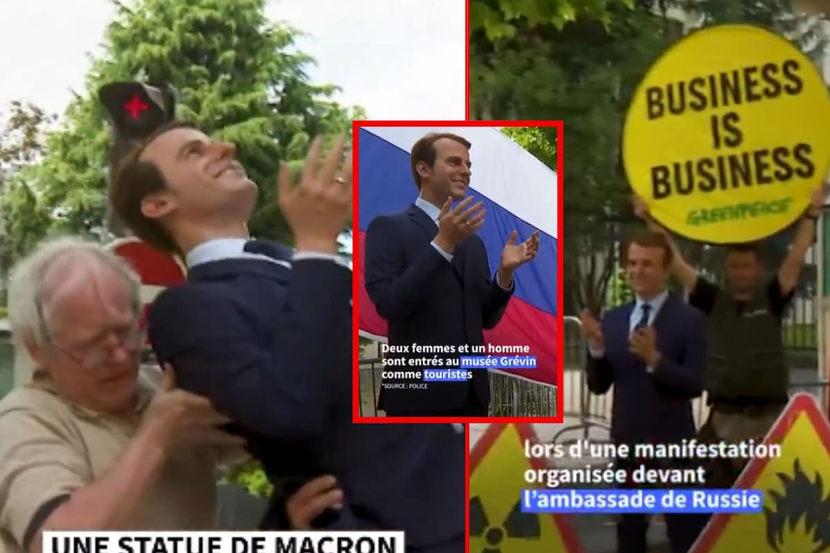 Activistas Greenpeace ‘secuestran’ estatua de cera de Emmanuel Macron y la plantan frente a la embajada rusa: “Macron encarna doble discurso: apoya a Ucrania y alienta al comercio con Rusia”, protestan