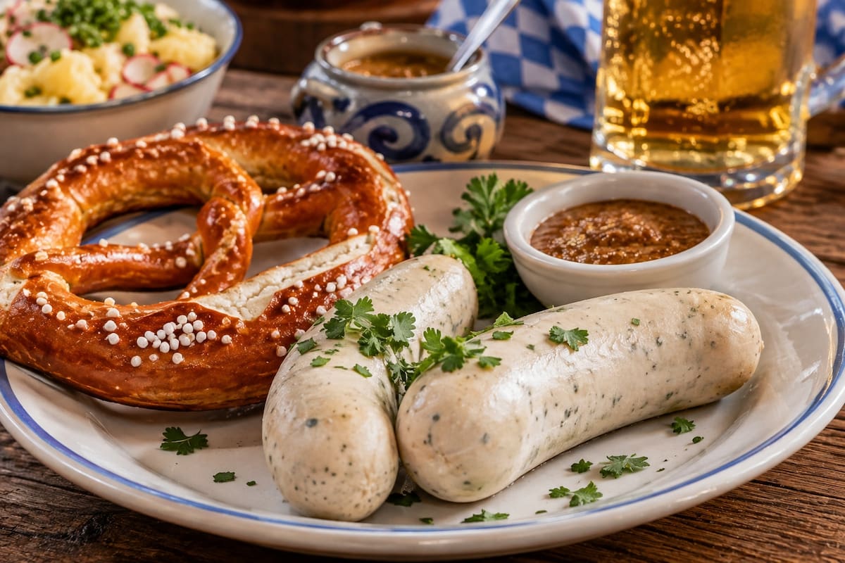La Weißwurst es una salchicha blanca tradicional de Baviera que suele servirse con pretzel y mostaza, como parte de la cocina regional alemana. | Crédito: Imagen hecha con IA de ChatGPT