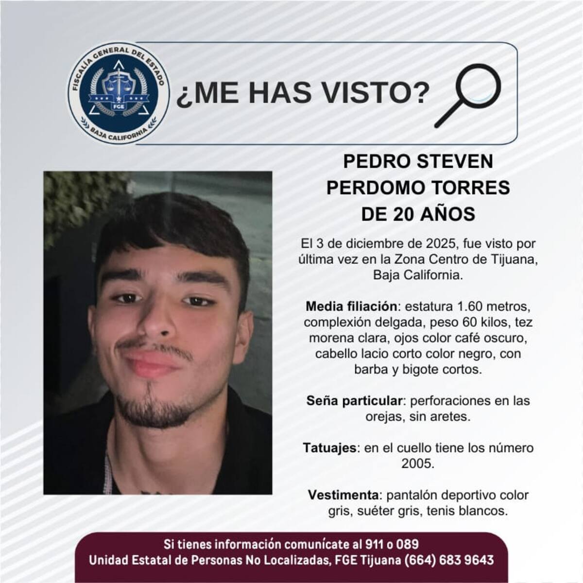 Fue visto por última vez el 3 de diciembre de 2025.