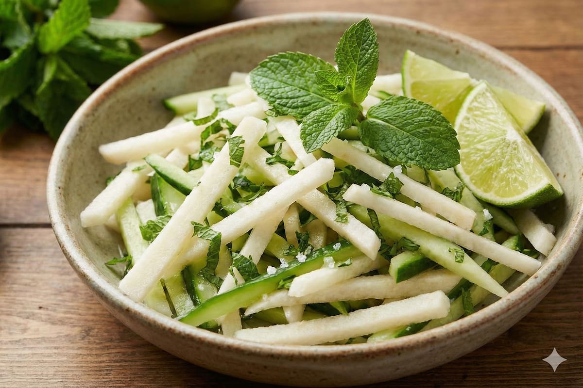 Ensalada fresca de pepino, jícama y menta