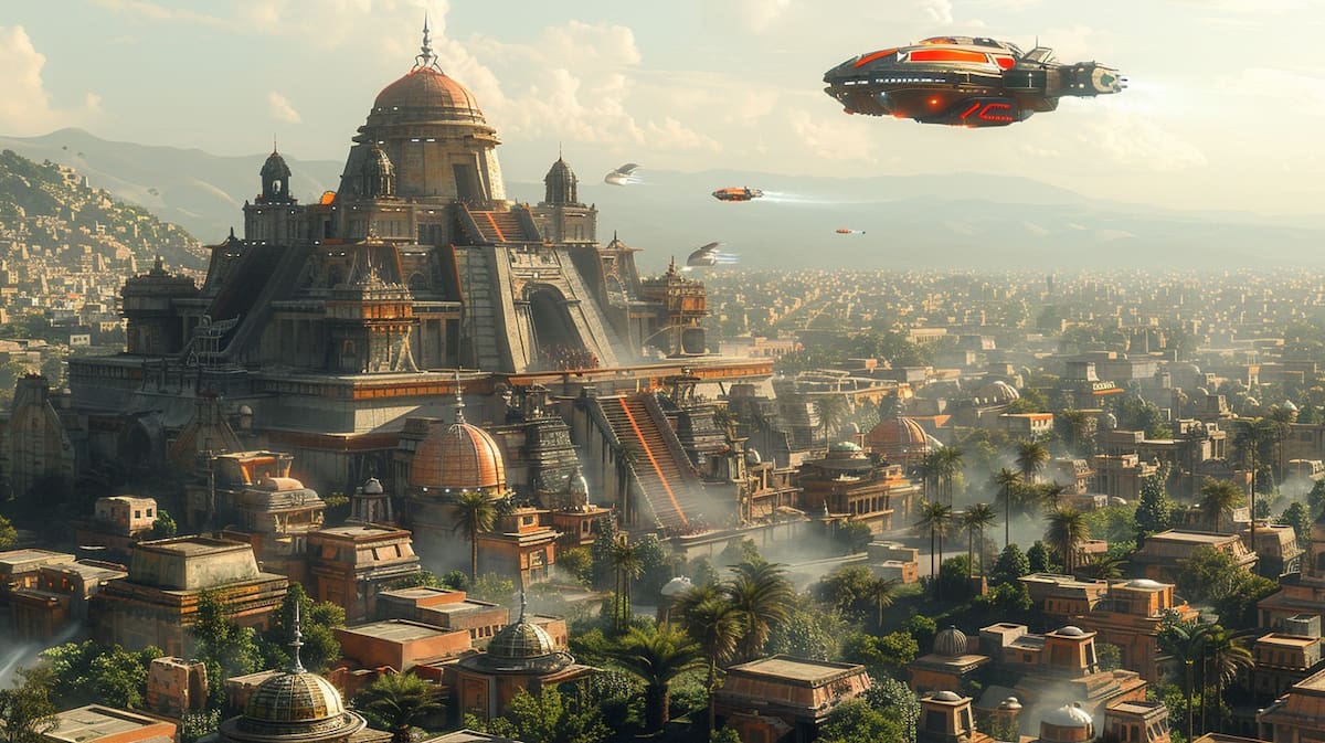 Tecnología ancestral reinventada: El imperio azteca del futuro exhibe una sorprendente gama de avances tecnológicos en las imágenes generadas.