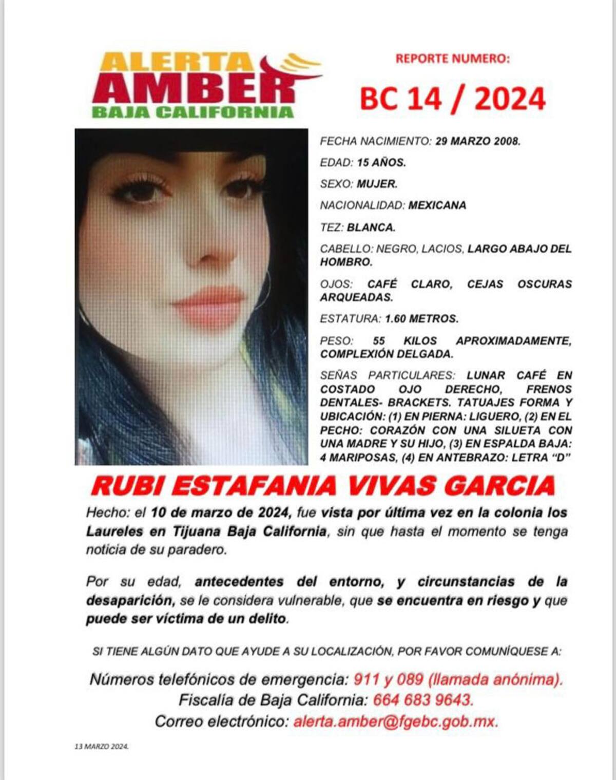 Alerta Amber de Rubí Estefanía Vivas García.