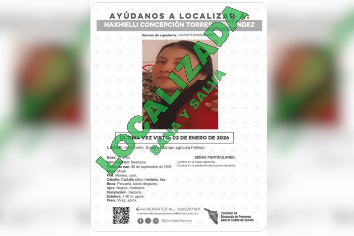 Localizan con vida en Sonora a joven de 27 años reportada como desaparecida: FGJES confirma que se ausentó por decisión propia