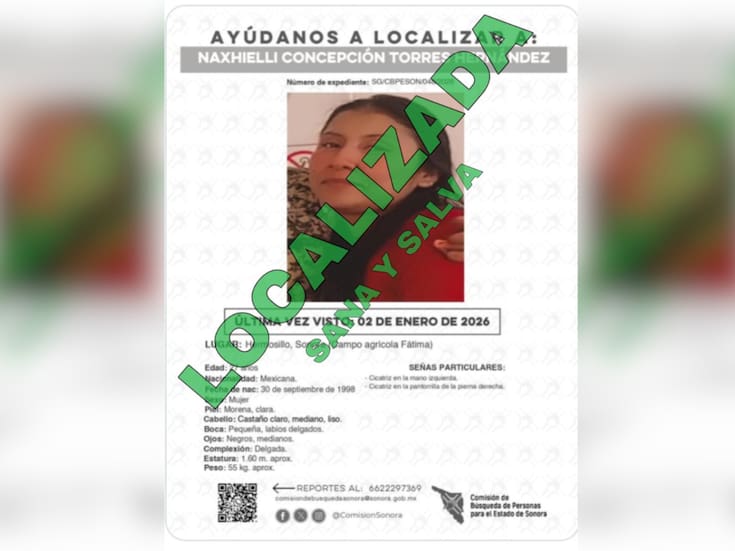 Localizan con vida en Sonora a joven de 27 años reportada como desaparecida: FGJES confirma que se ausentó por decisión propia