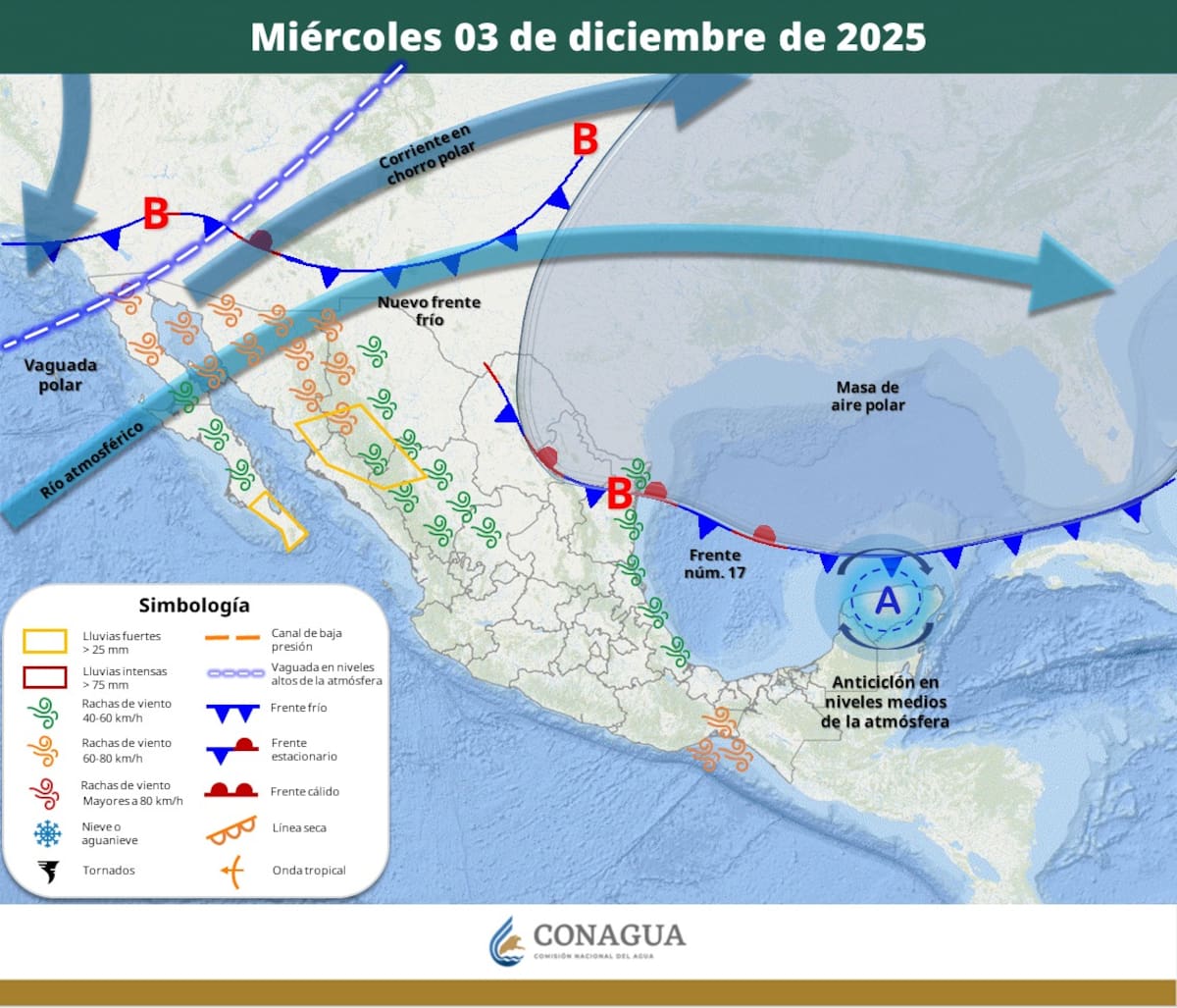 Pronóstico del clima para este miércoles 3 de diciembre del 2025. | Crédito: SMN