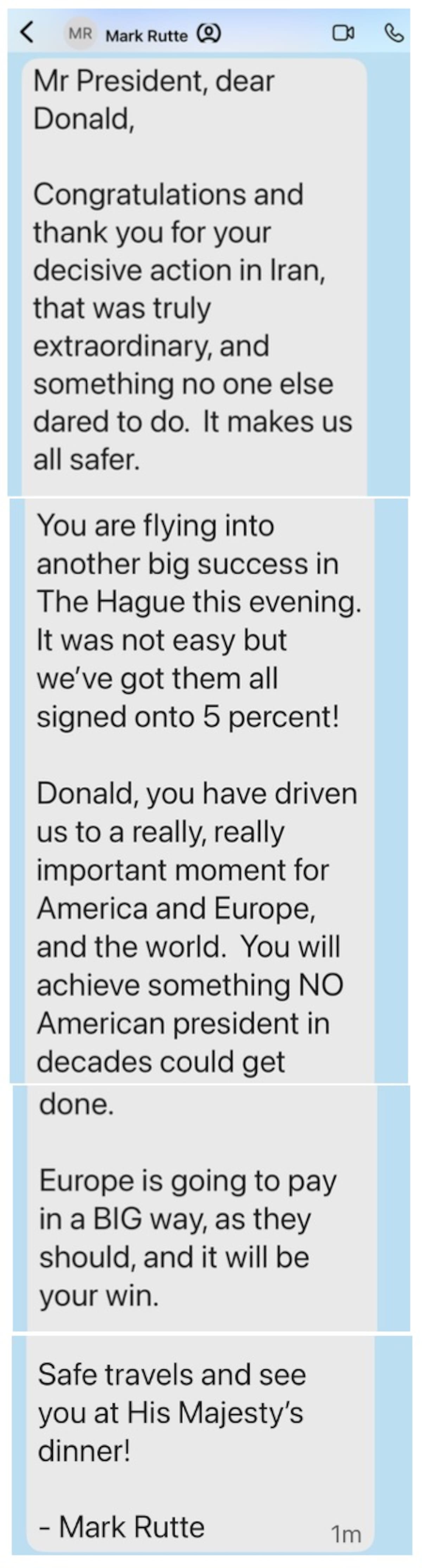 Donald Trump compartió el mensaje privado que le envió Mark Rutte, jefe de la OTAN, por su participación en el conflicto entre Irán e Israel. | Crédito: Truth Social @realDonaldTrump