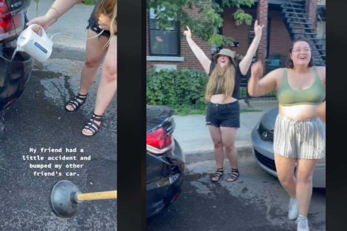 VIDEO: Chocó sin querer un auto y aplicó un truco con sus amigas para arreglarlo