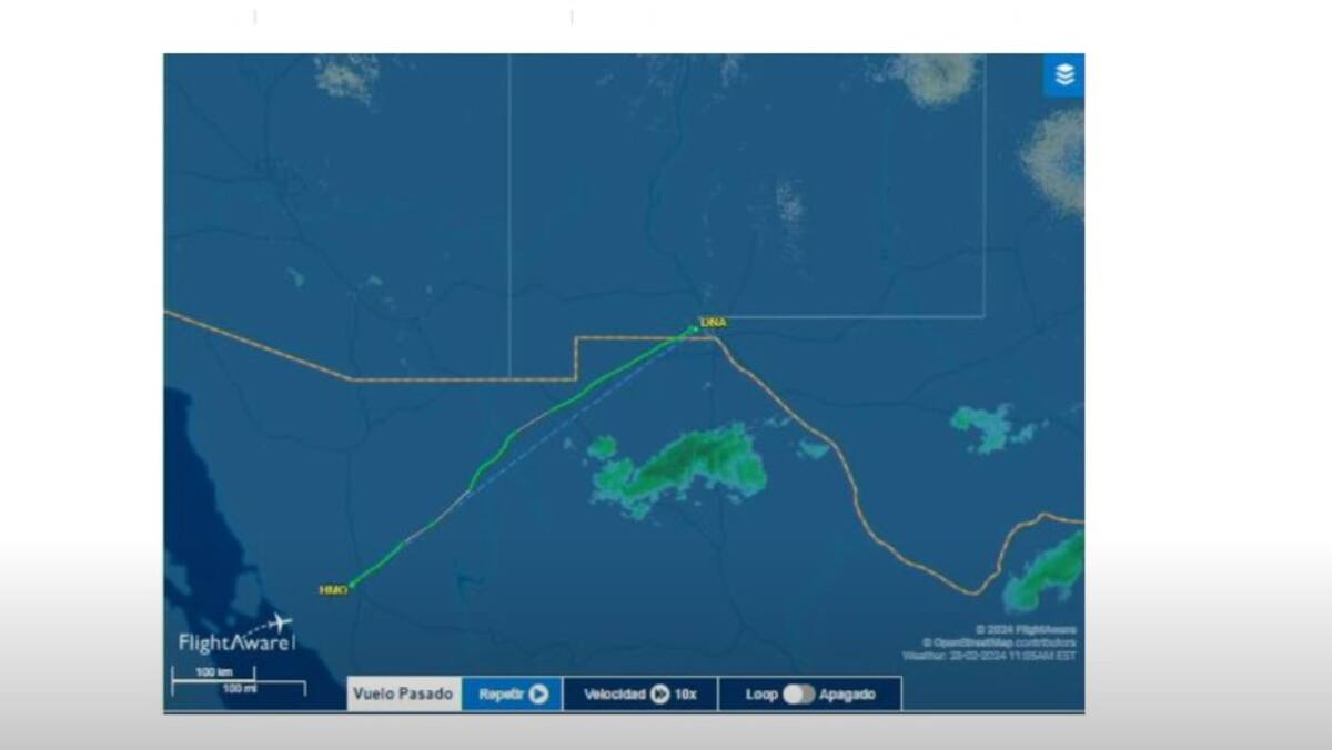 Ruta del vuelo de Hermosillo a Texas de la avioneta donde El Mayo Zambada fue detenido, presentada durante la mañanera de AMLO. | Captura de video