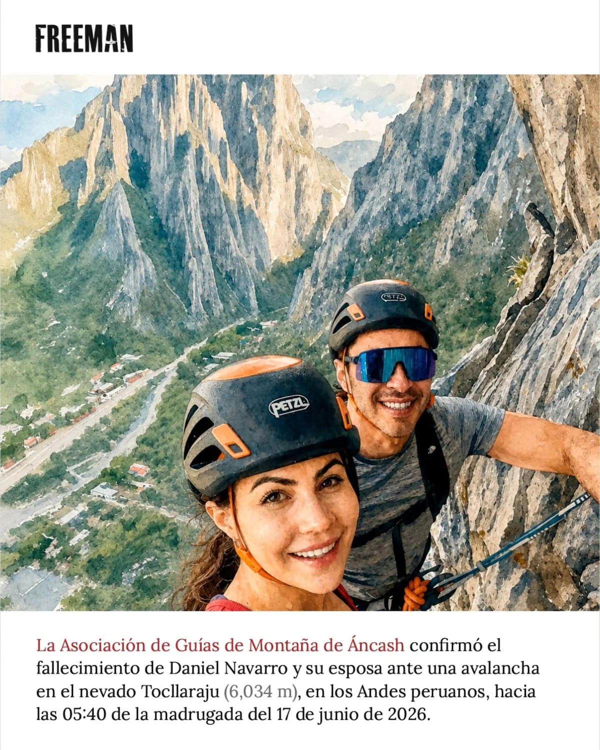 Daniel Navarro y Sandra Covone, la pareja entre mexicano y canadiense, fallecidos por avalancha en el nevado Tocllaraju. | Freeman Outdoors