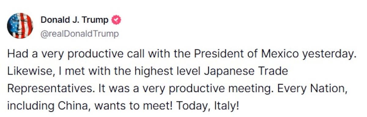 El presidente Trump, de EEUU, compartió en su red social que sostuvo una llamada con la presidenta de México, Claudia Sheinbaum Pardo, la cual fue "muy productiva". Foto: Captura de pantalla/TruthSocial