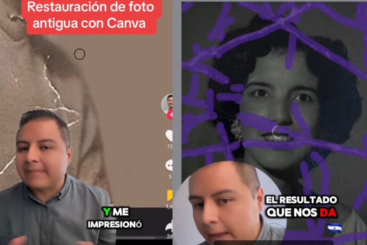 Hombre ve cómo un artista restaura una fotografía con Photoshop e intenta hacerlo con Canva