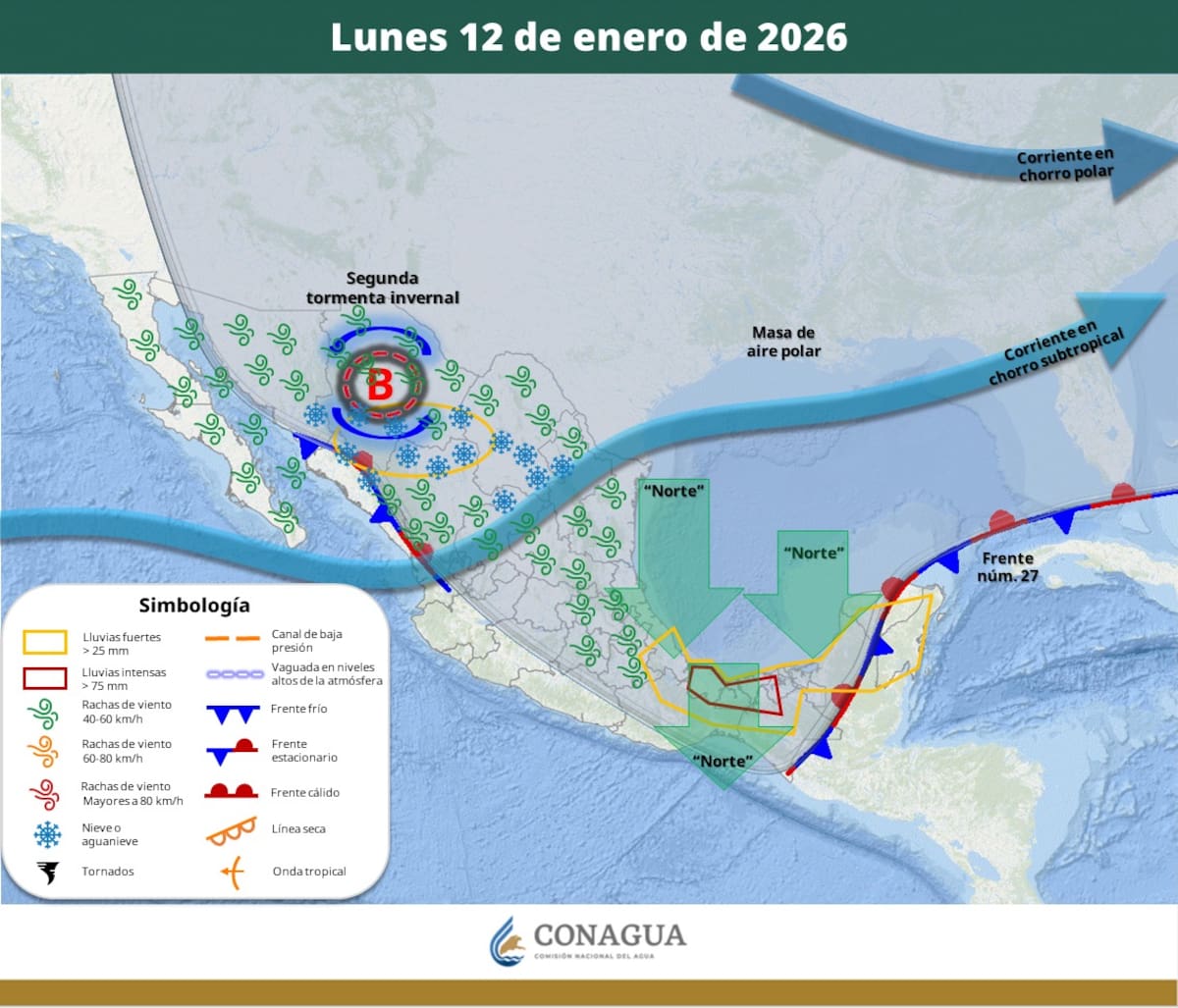 Pronóstico del clima para el lunes 12 de enero del 2026. | Crédito: SMN