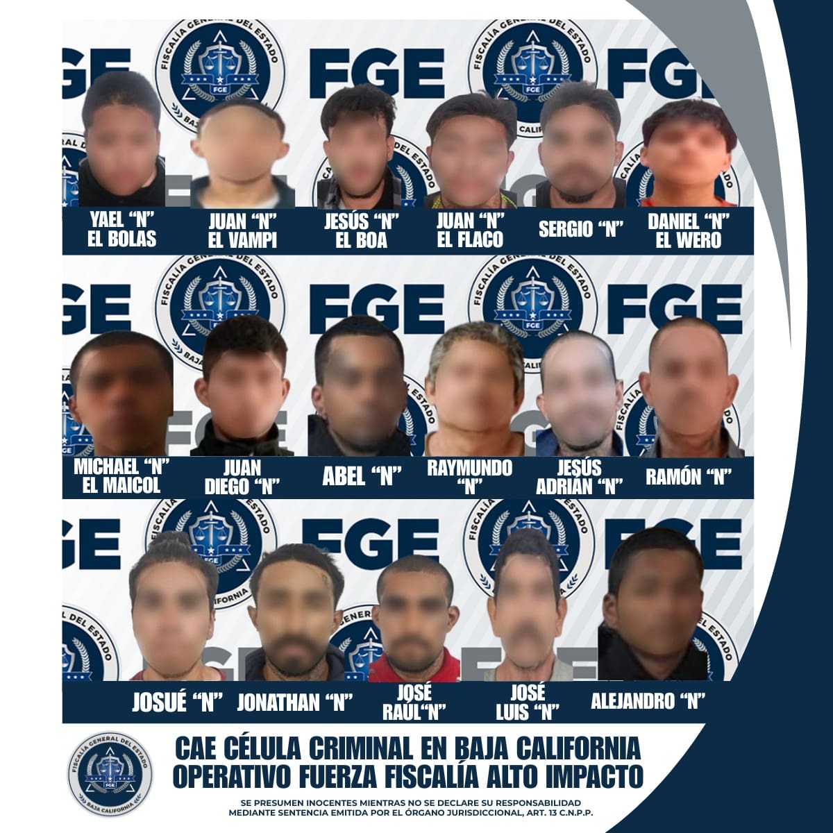 Presuntos integrantes de una célula delictiva presuntamente vinculada al Cártel Jalisco Nueva Generación (CJNG).│Foto: Cortesía