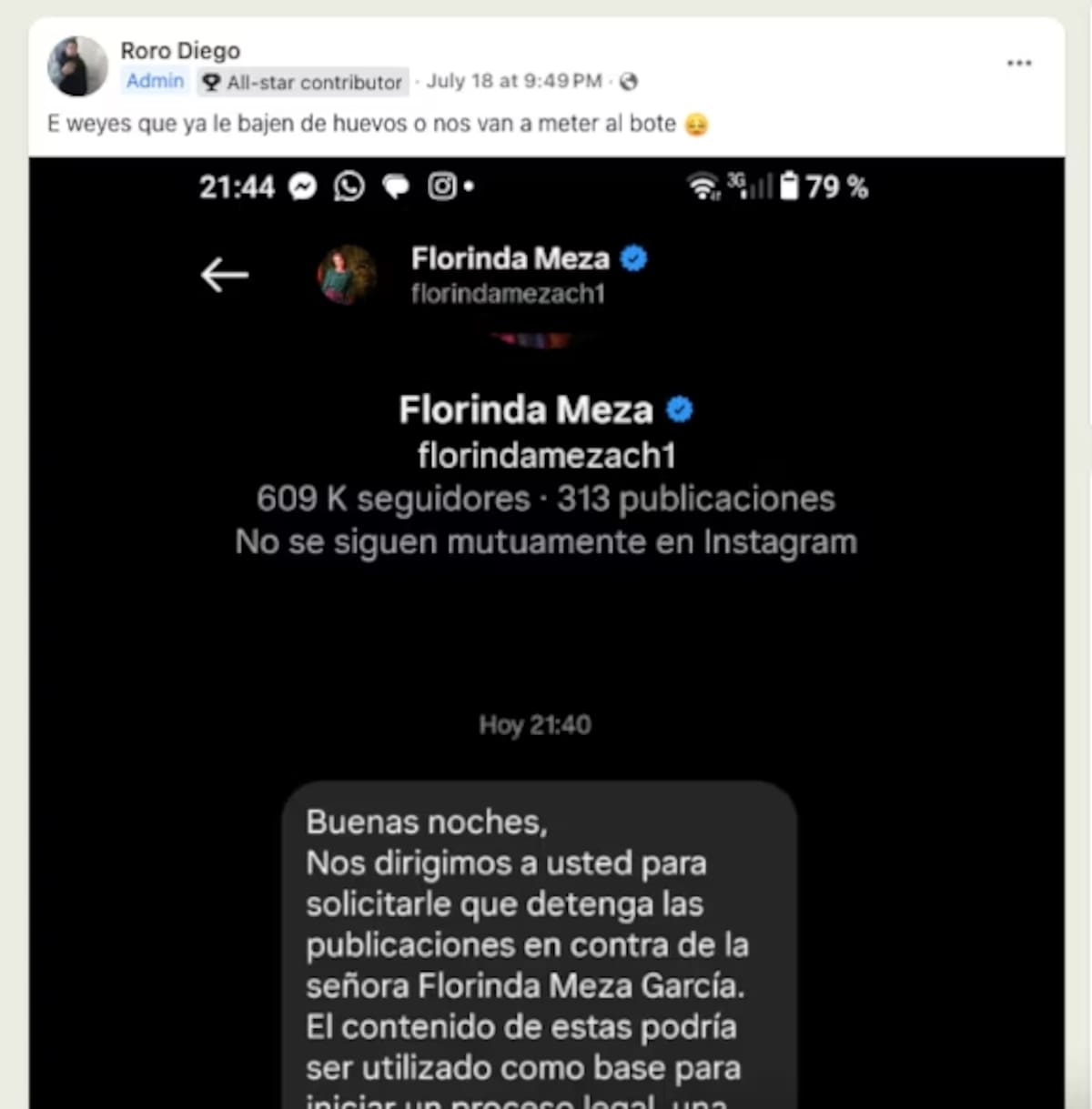 Los administradores del grupo de Facebook recibieron advertencias de presuntos colaboradores de Florinda Meza. | Captura de pantalla: Facebook.