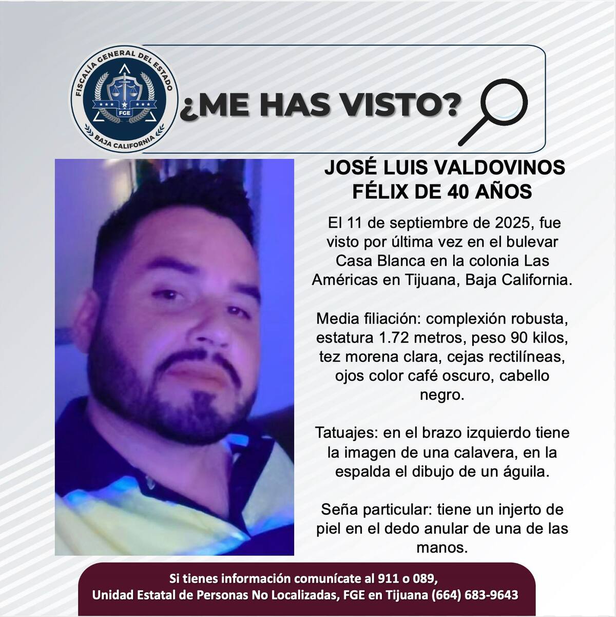 Fue visto por última vez el 11 de septiembre de 2025.