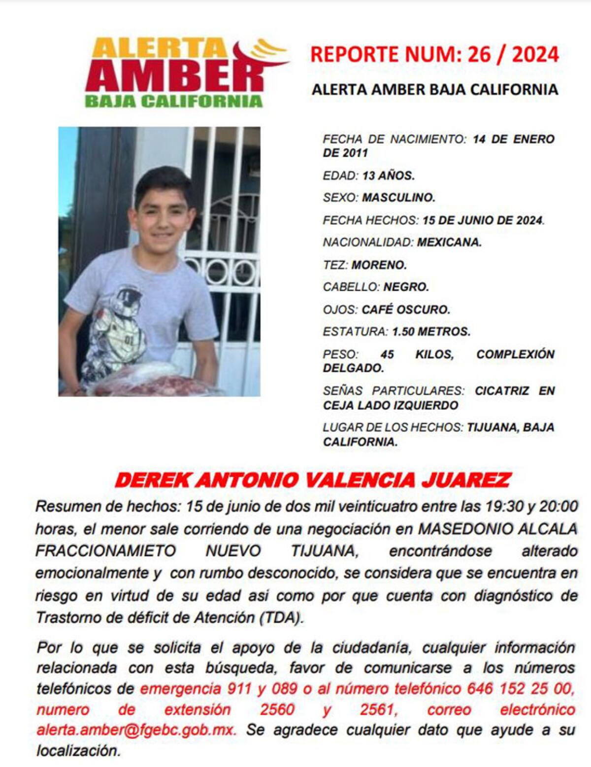 Alerta Amber de Derek Antonio Valencia Juárez