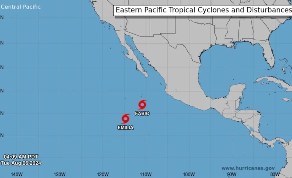 Ubicación actual de las Tormentas Tropicales Emilia y Fabio. | Crédito: NHC