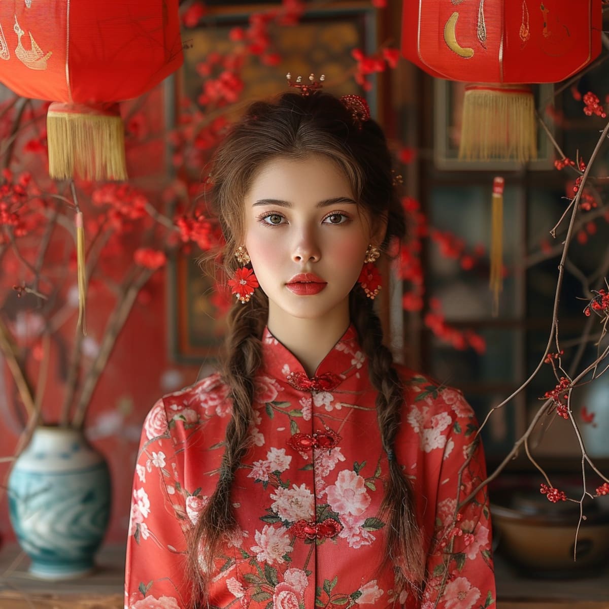 Explora la elegancia de Shunrei según la visión de Midjourney, con trajes japoneses y un toque de naturaleza.