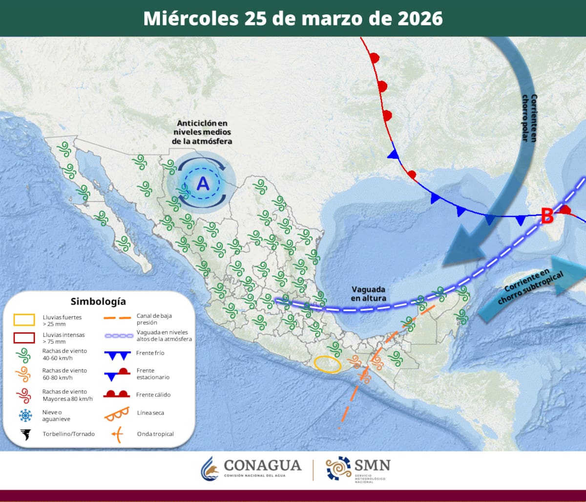 Pronóstico del clima para el miércoles 25 de marzo del 2026. | Crédito: SMN