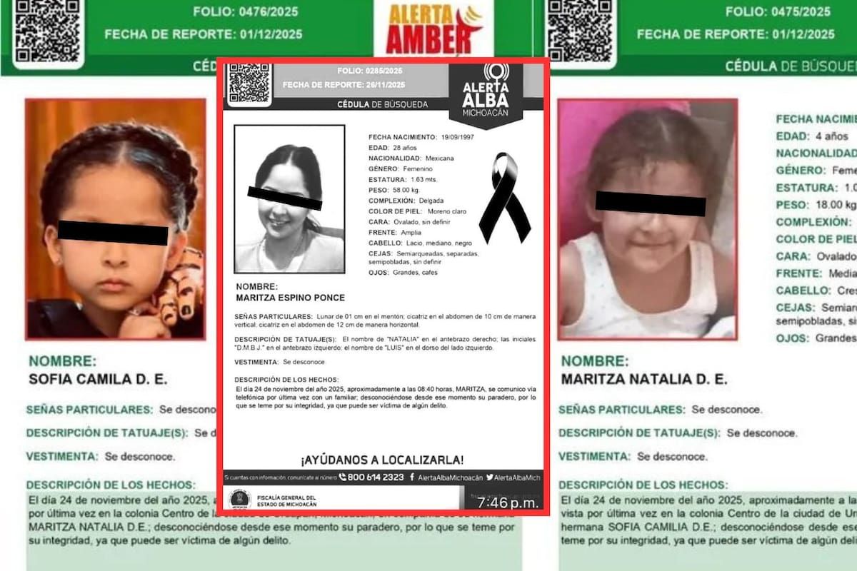 Sofía y Maritza, hermanitas de 6 y 4 años, están desaparecidas luego de que encontraron el cadáver de su madre dentro de un tambo en el río Santa Bárbara, en Uruapan; temen que les haya pasado algo grave