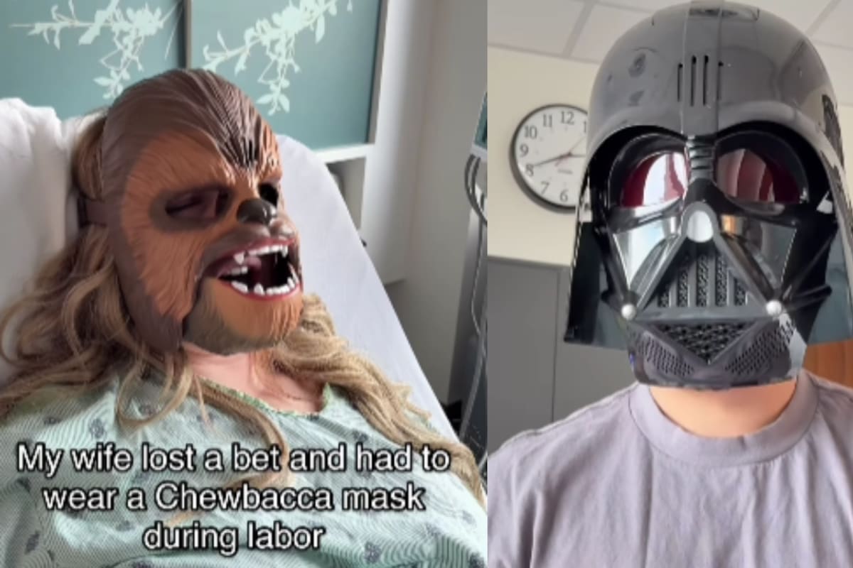 Mujer da a luz con máscara ruidosa de Chewbacca tras perder una apuesta con su esposo
