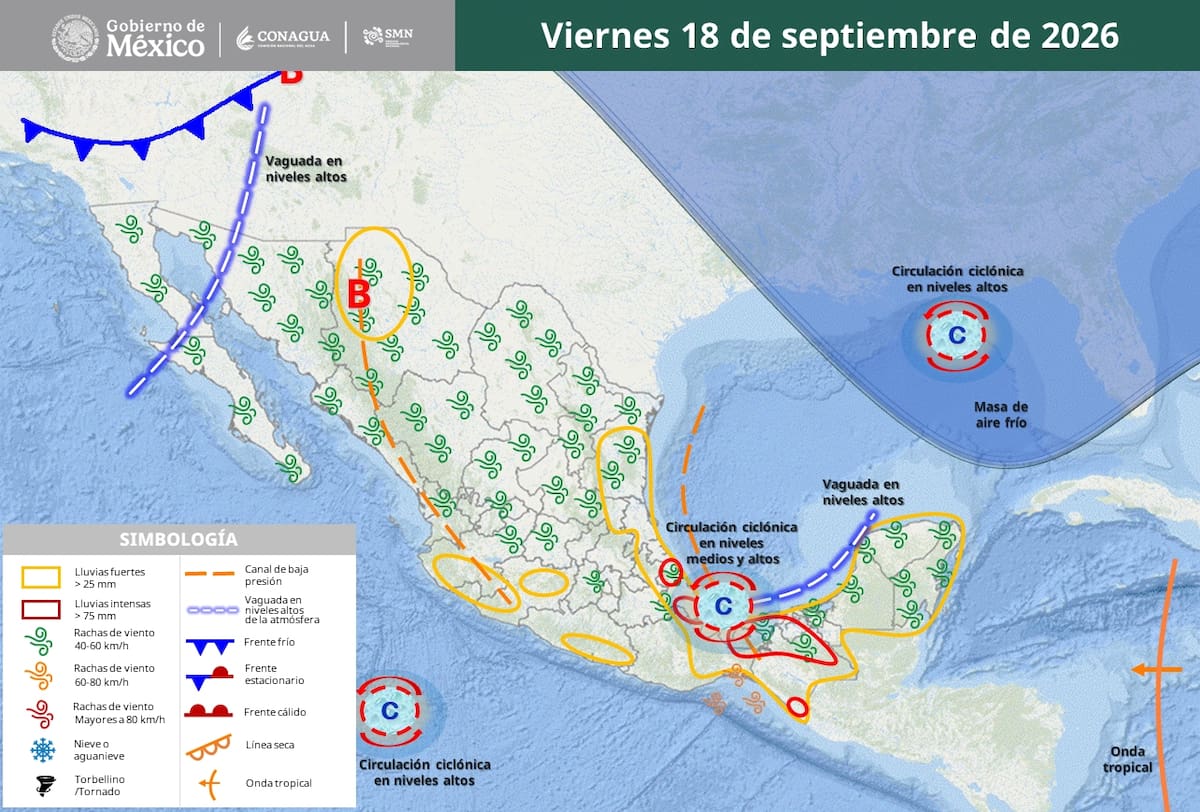 Pronóstico del clima para este viernes 18 de septiembre del 2026. | Crédito: SMN