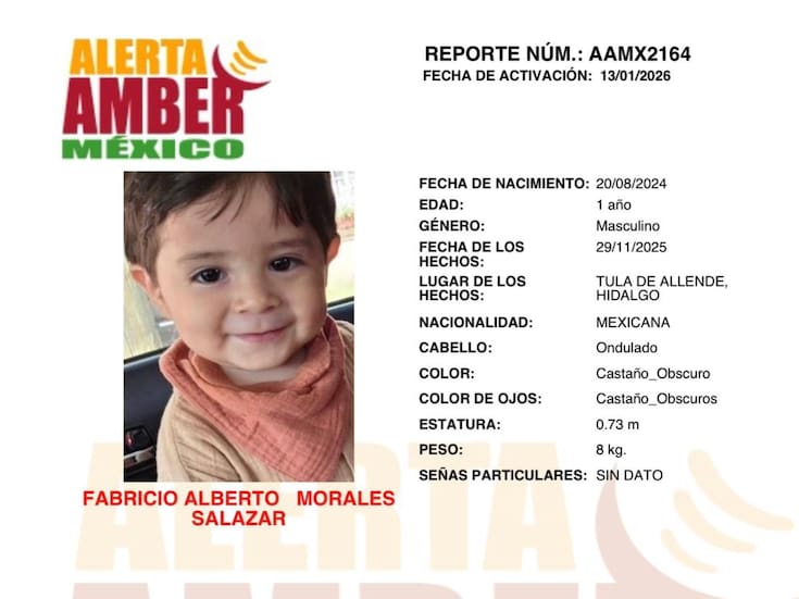 Activan Alerta Amber para Fabricio Alberto Morales Salazar de 1 año