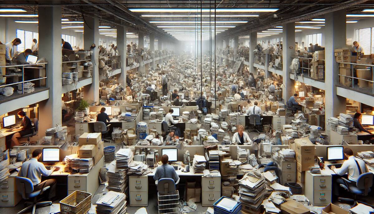 Imagen ilustrativa de caos en oficinas hecha con IA (Chatgpt).