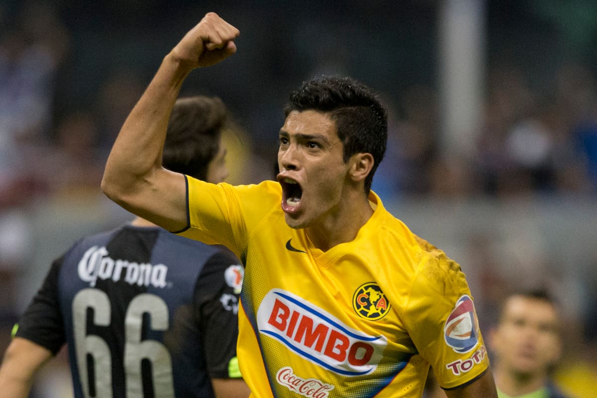 America's Raul Jimenez, celebrates after scoring against Santos during a Mexican soccer league match in Mexico City, Wednesday, April 30, 2014. (AP Photo/Eduardo Verdugo)