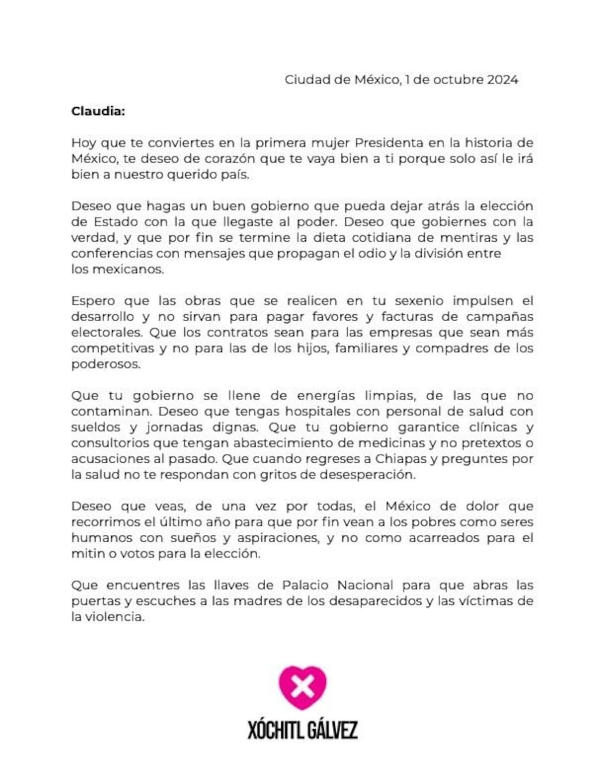 Xóchitl Gálvez envía carta a Claudia Sheinbaum deseándole un buen gobierno. Foto: X