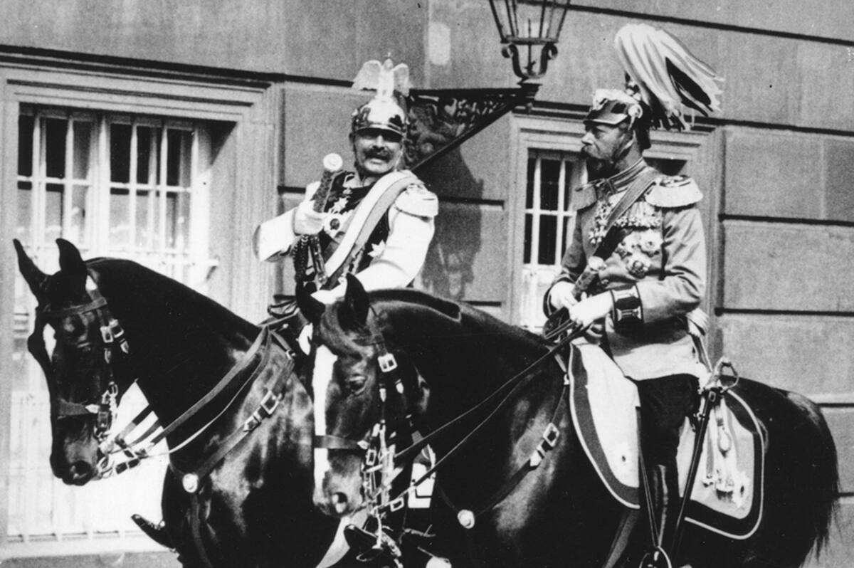 circa 1913: King George V (1865 - 1936) rides with Kaiser Wilhelm II in the grounds of the Potsdam Palace. (Photo by Keystone/Getty Images)