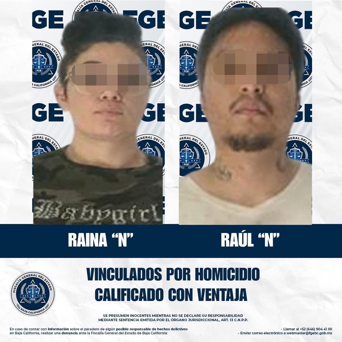 La Fiscalía General del Estado (FGE) obtuvo la vinculación a proceso de Raúl “N” y Raina “N”, señalados por el homicidio ocuriido el 03 de octubre del 2026 en Corona del Mar. Foto: Cortesía