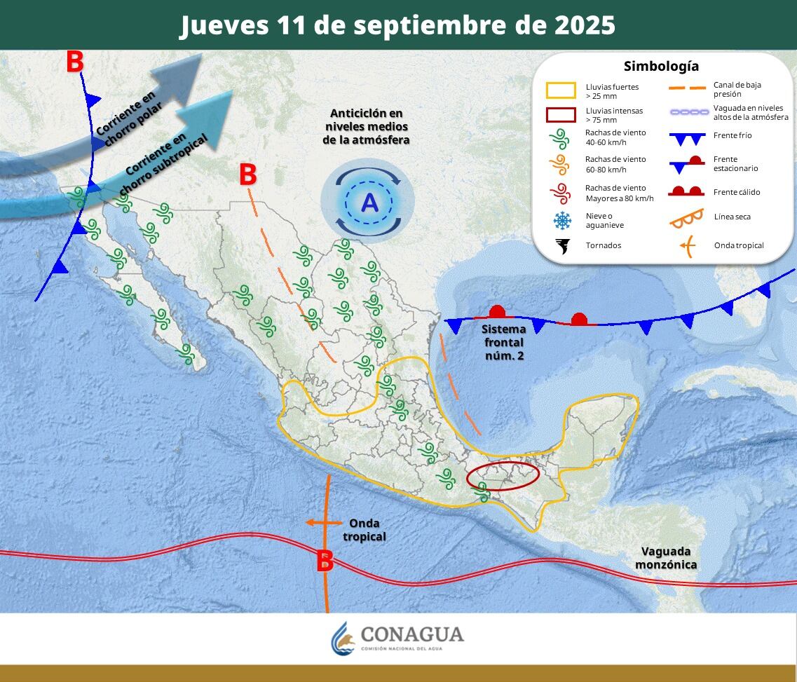 El SMN reporta que el frente frío se localiza sobre el Golfo de México y se espera que provoque lluvias muy fuertes en el sureste, el Golfo de México y la Península de Yucatán.